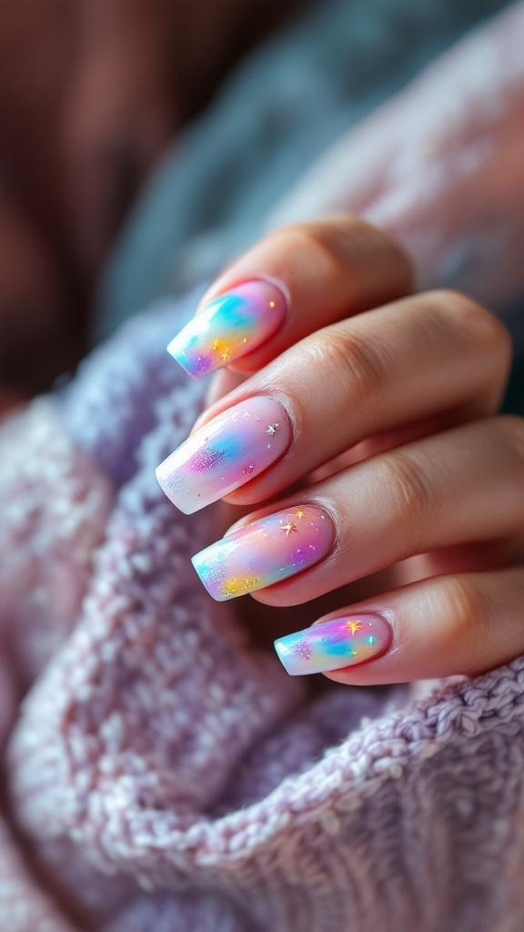A close-up of colorful unicorn horn accent nails with sparkles.
