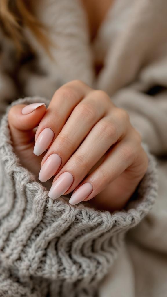 A close-up of hands with matte nude nails and chrome tips, wearing a cozy knitted sweater.