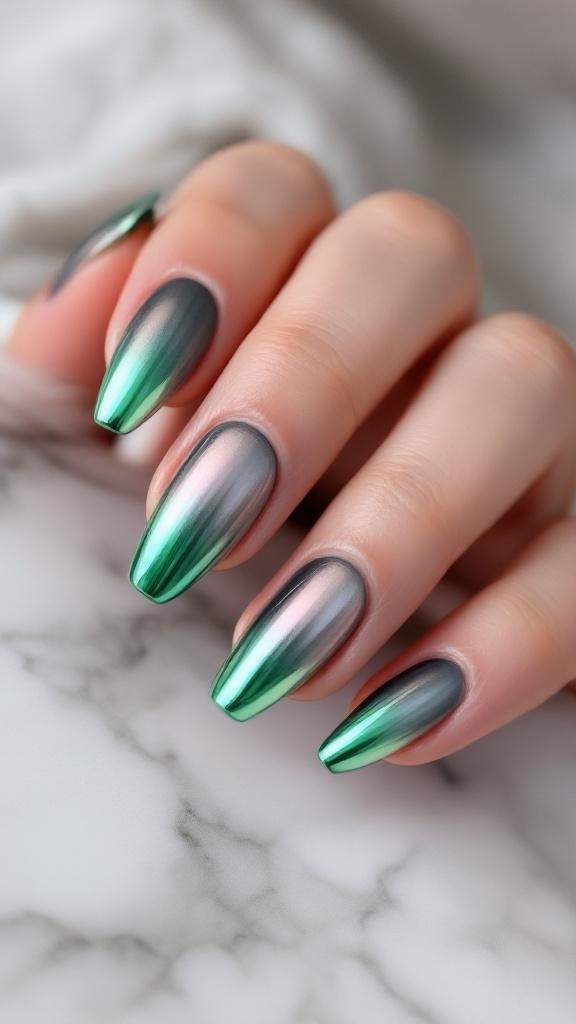A hand with matte base nails and shiny green chrome tips, showcasing a stylish manicure.