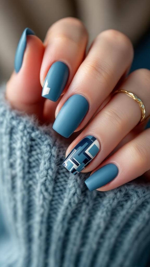 Matte blue acrylic nails with geometric patterns on a hand resting on a knitted sweater.