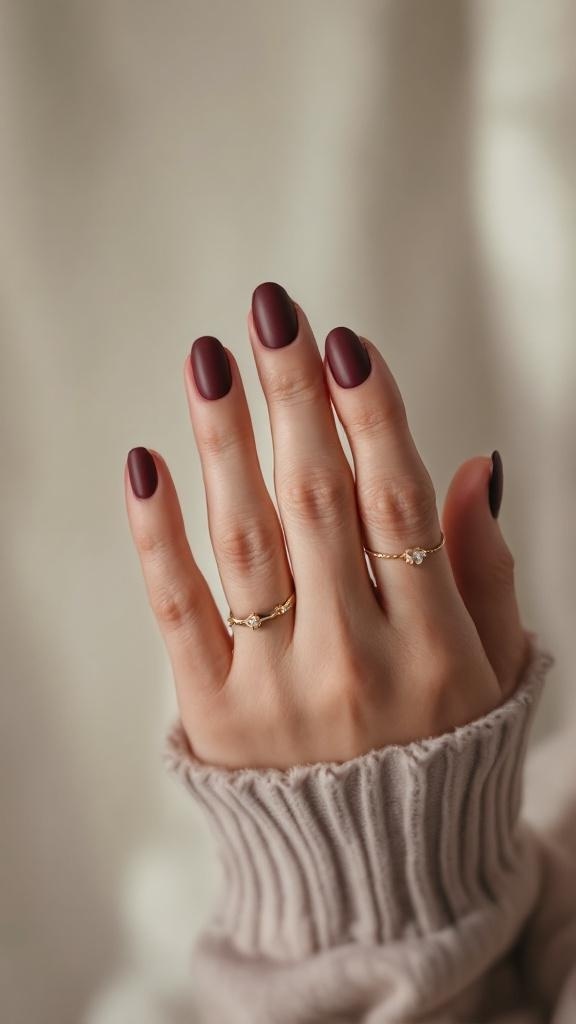 Close-up of hands with matte cherry wine nails and gold rings