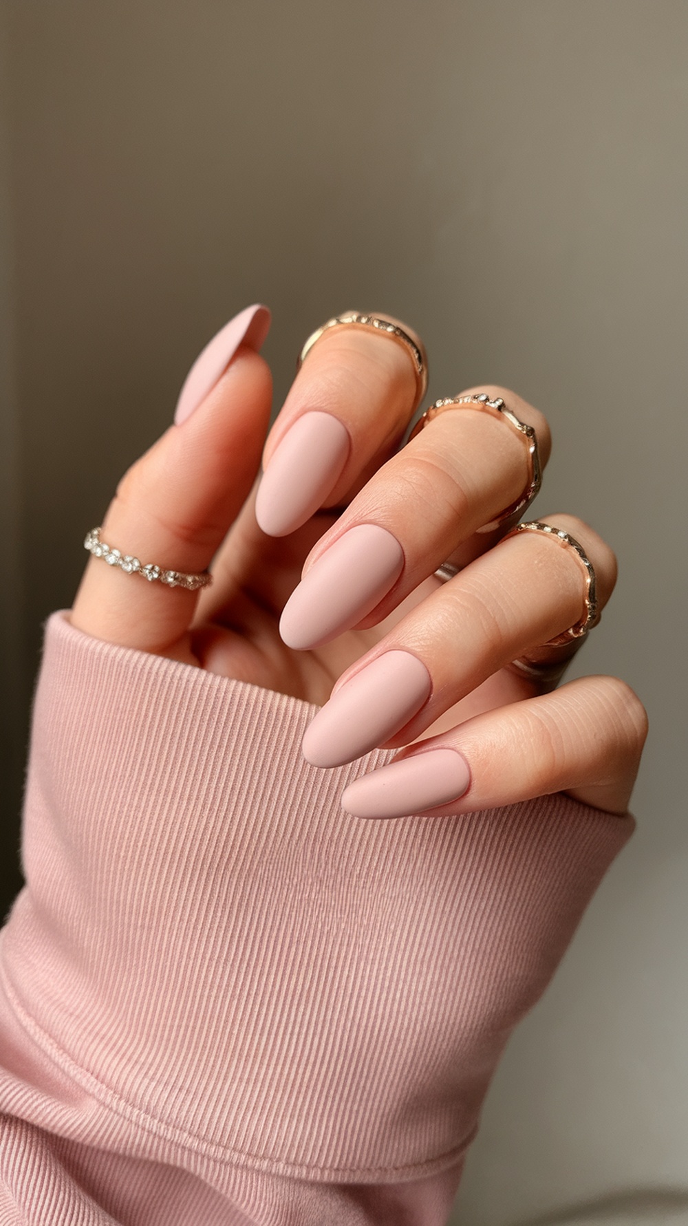 Close-up of hands with matte milky pink nails and delicate rings.