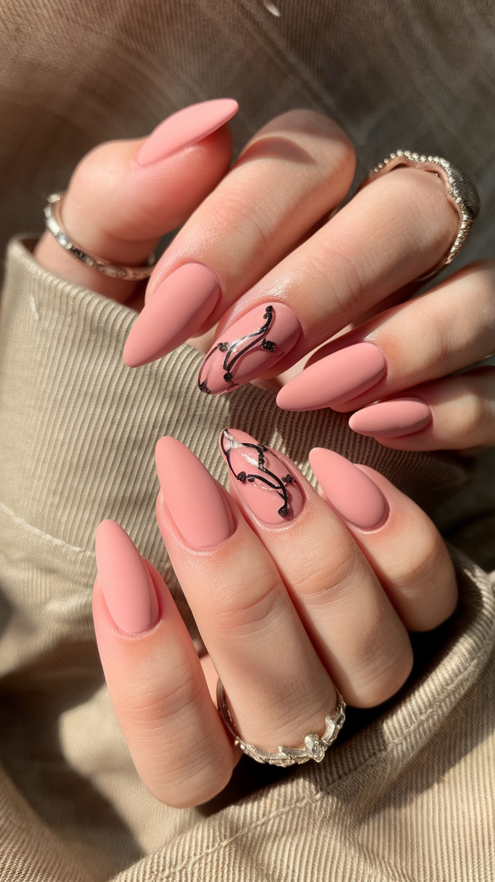 Close-up of matte pink cat eye nails with black swirl designs and elegant rings.