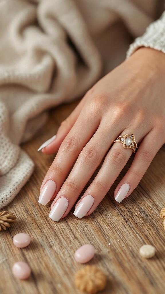 A close-up of a hand with beautifully manicured glossy nails, adorned with a ring, resting on a wooden surface.