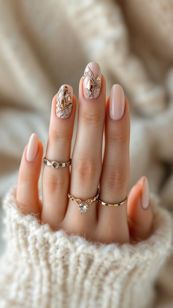 Close-up of short nails with metallic accents and rings on fingers