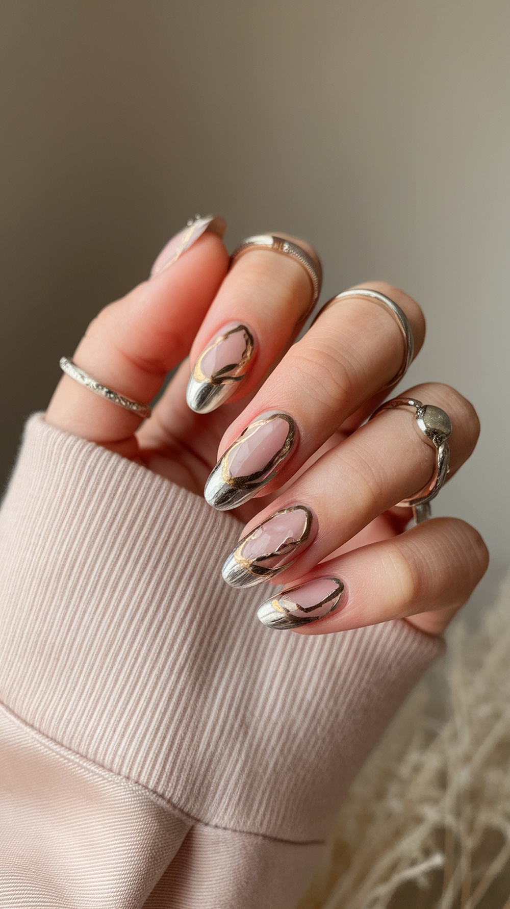 Close-up of hands with metallic silver and pink nails, featuring gold accents and rings.