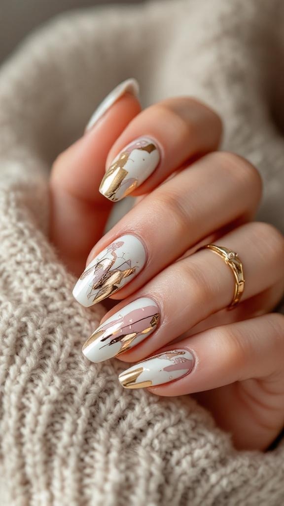Close-up of beautifully manicured nails with metallic foil art in white, pink, and gold.