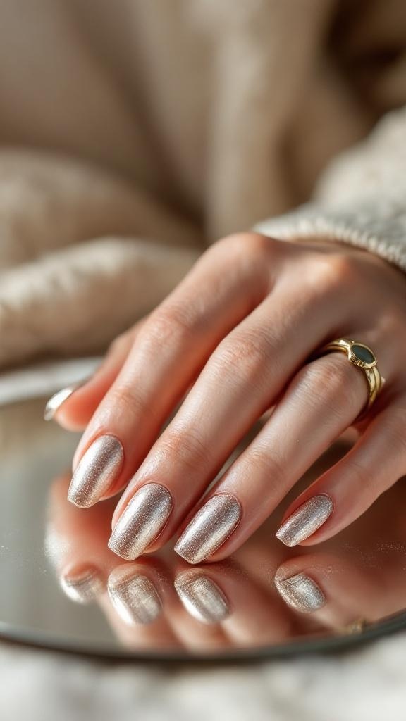 A close-up of a hand with metallic nails, showcasing a shiny finish and a stylish ring.