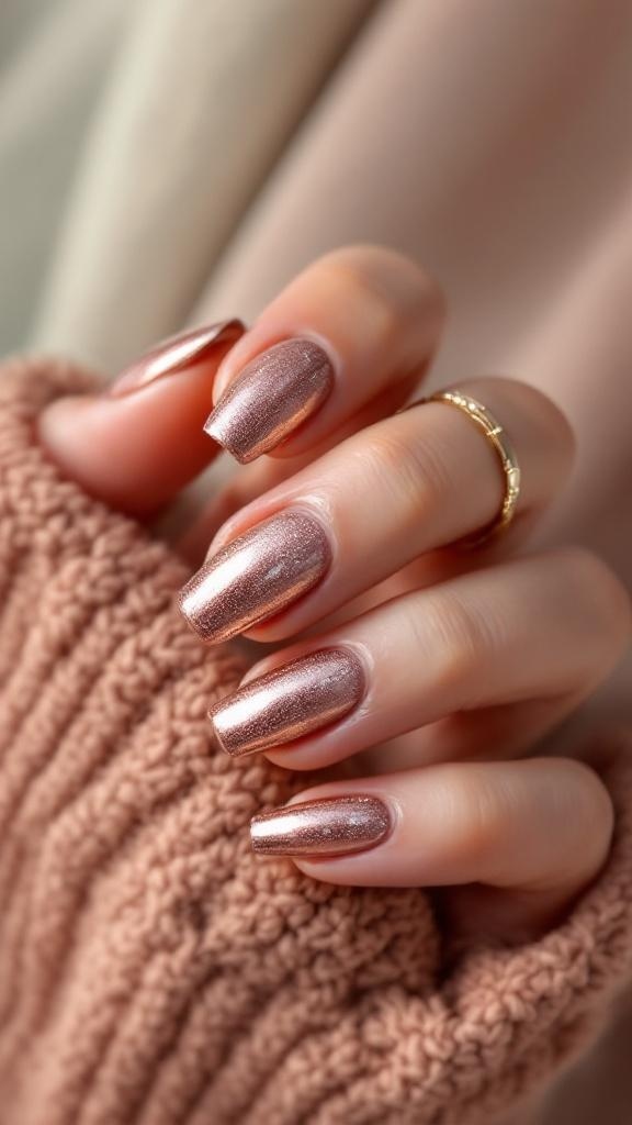Close-up of short acrylic nails with metallic rose gold finish, resting on a knitted sweater.