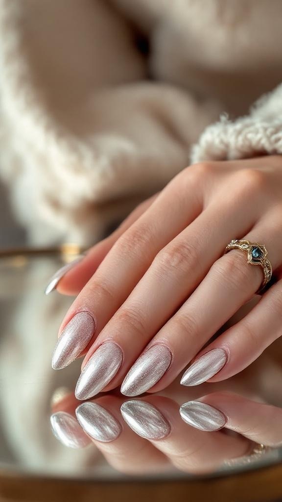 Close-up of metallic silver almond nails with a delicate ring on a hand resting on a reflective surface.