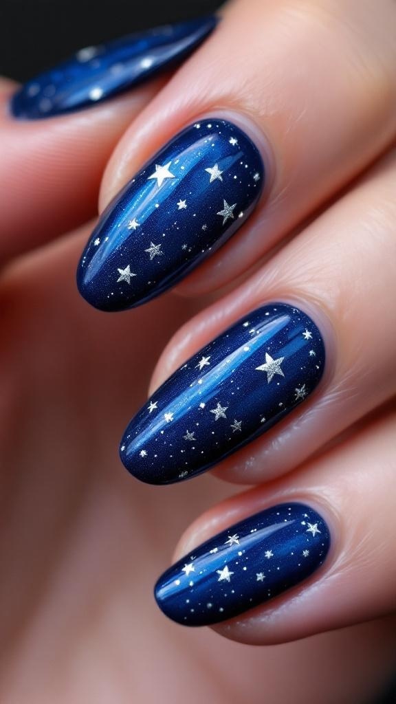 A hand with midnight blue acrylic nails featuring a starry design, resting on a grey knitted sweater.