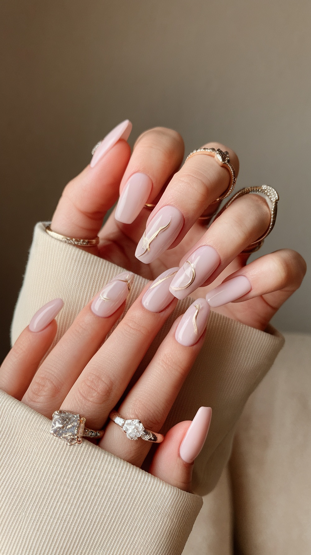 A close-up of hands with milky pink nails and gold accents, adorned with rings, showcasing a stylish look.