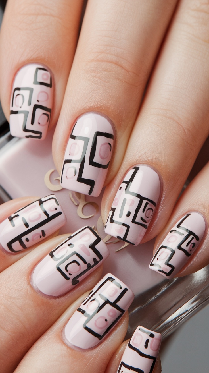 Close-up of hands with milky pink nails featuring geometric patterns and gold accents, adorned with rings.