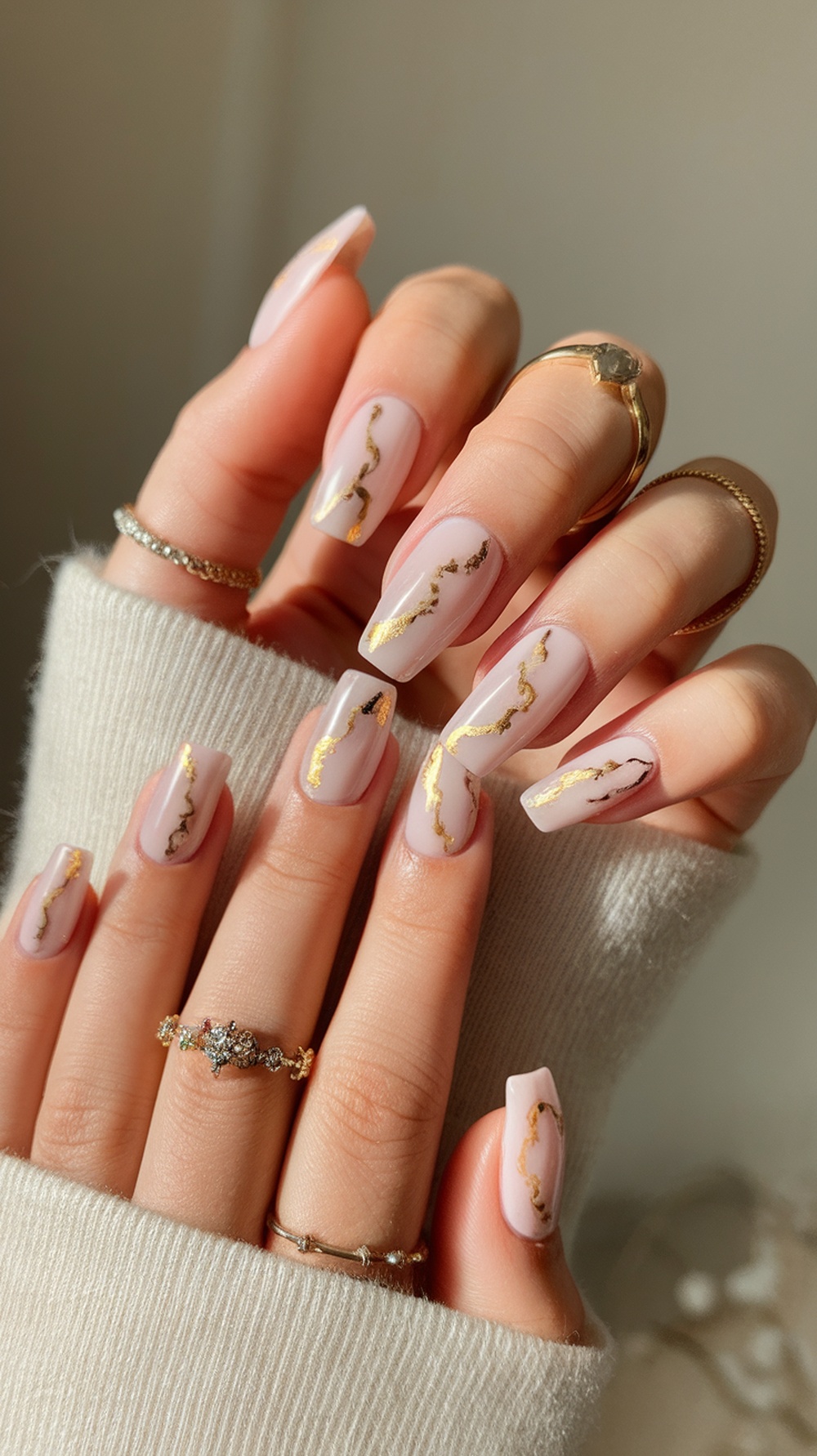 Close-up of hands with milky pink nails featuring gold foil accents, adorned with rings and a cozy sweater.