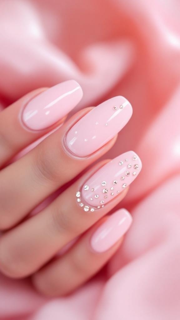 Close-up of milky pink nails with rhinestones, showcasing a stylish design.
