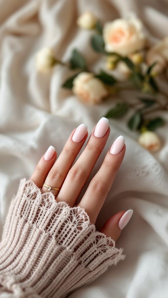 A hand with minimalist French nails resting on soft fabric, surrounded by roses.