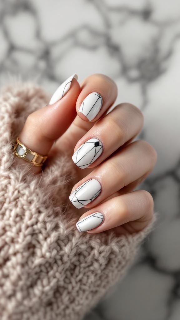 Close-up of short acrylic nails with a minimalist geometric pattern in white and black.