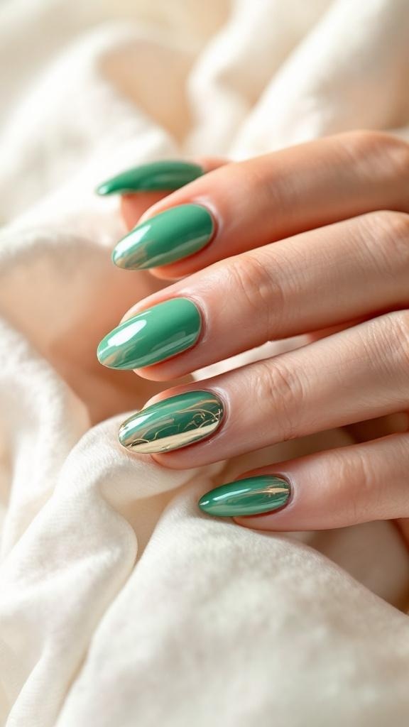 A close-up of hands with green chrome nails, featuring a rich green color and a chrome accent on one nail.