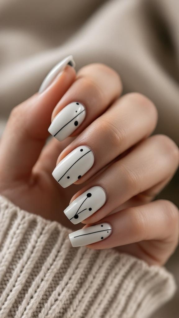 A close-up of minimalist bridal shower nails featuring a white base with black lines and dots.