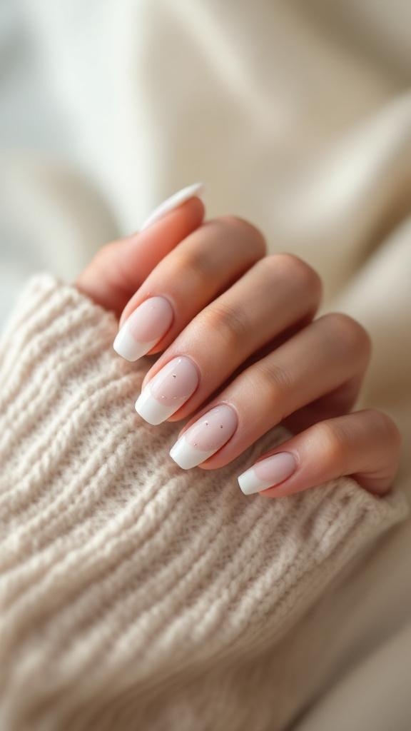 A close-up of beautifully manicured minimalist nails with a soft pink base and white tips, resting on a cozy knitted sweater.