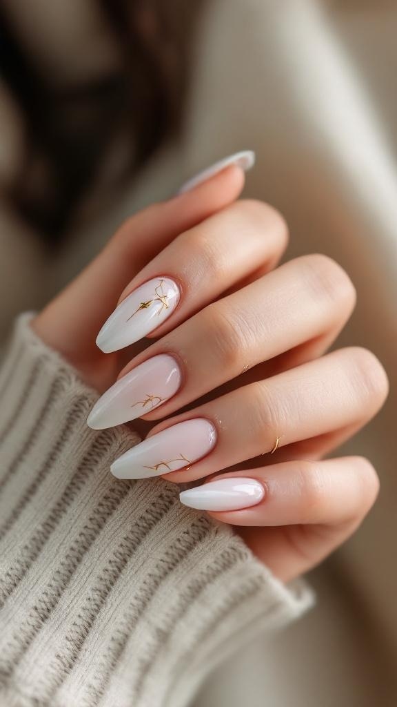 Close-up of elegantly designed minimalist nails with a pink ombre effect and gold accents.