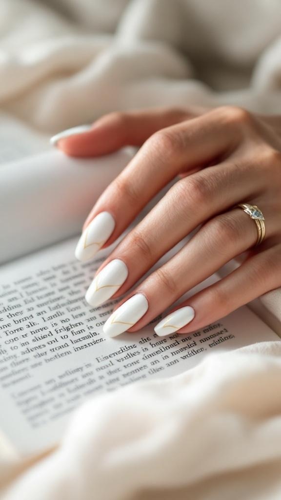 A hand with minimalist white nails featuring gold accents, resting on a book.