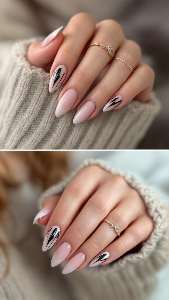 Close-up of hands with cat eye nails featuring pink and black design, wearing delicate rings.