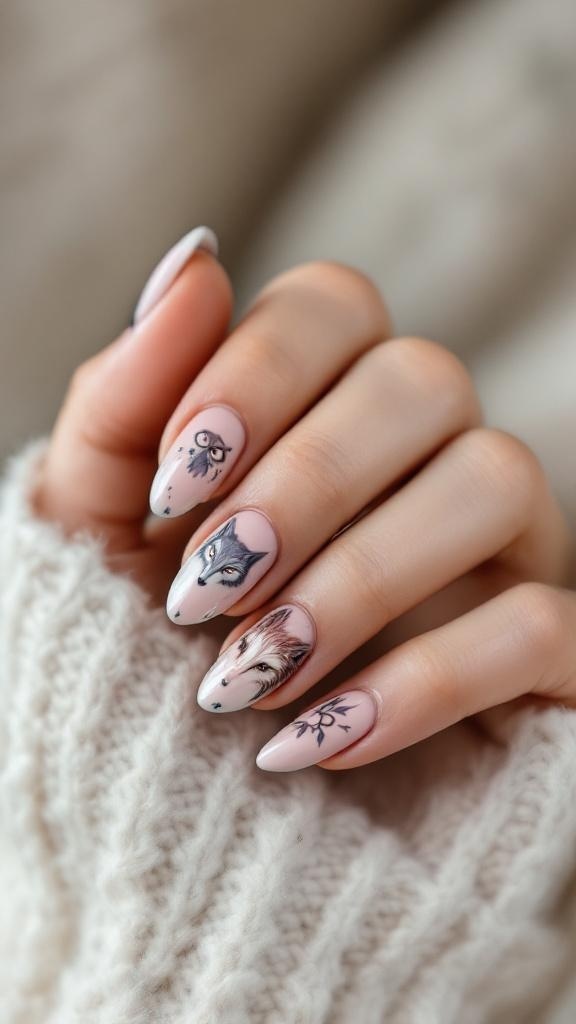 Nails with mystical animal spirit designs featuring a wolf and a fox.