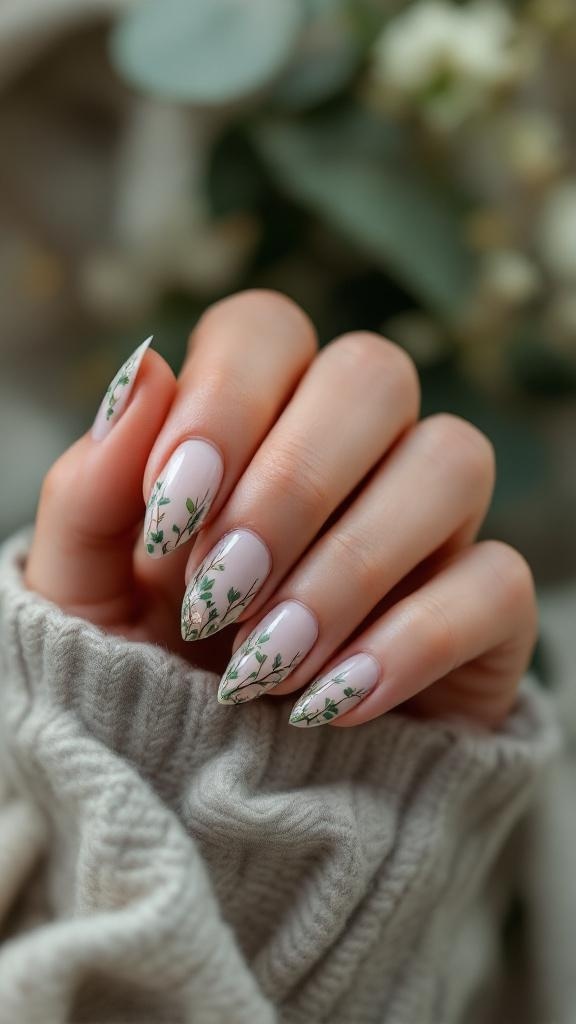Nail art featuring a nude base with green vine designs, resembling a mystical forest.
