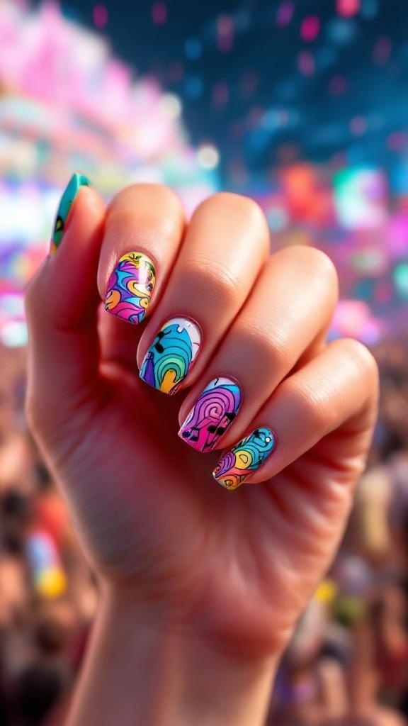 Colorful festival-themed nail art with floral designs and a flamingo.