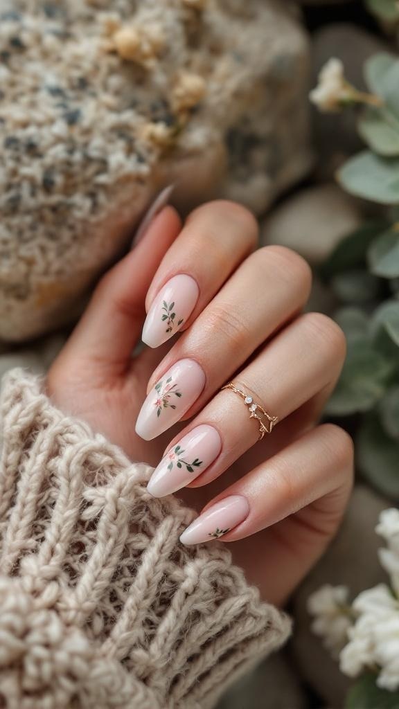 A hand with beautifully manicured nails featuring floral designs on a nude background, resting on a textured surface.