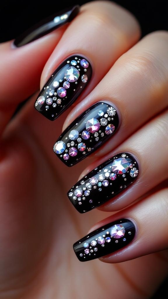 Close-up of beautifully manicured nails with rhinestones on a cozy sweater background.