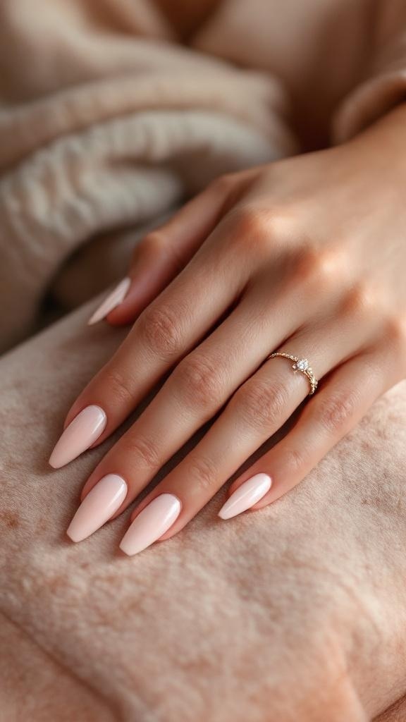 Close-up of a hand with beautifully manicured nude nails and a ring, resting on a soft surface.