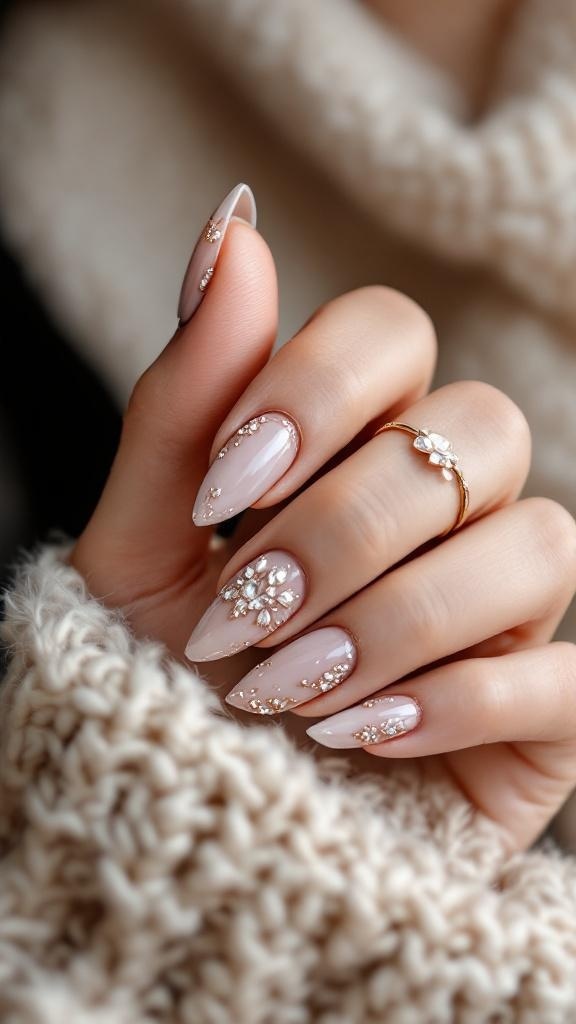 Close-up of elegantly manicured nails with Swarovski crystals on a cozy knitted background.