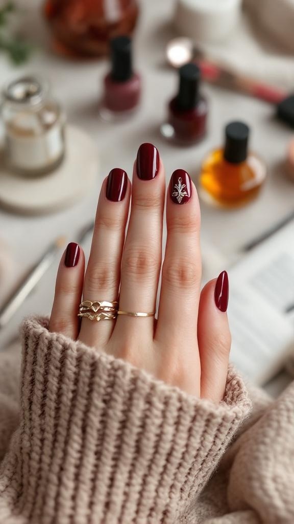 A hand with dark cherry red nails adorned with a delicate design, surrounded by nail polish bottles and beauty products.