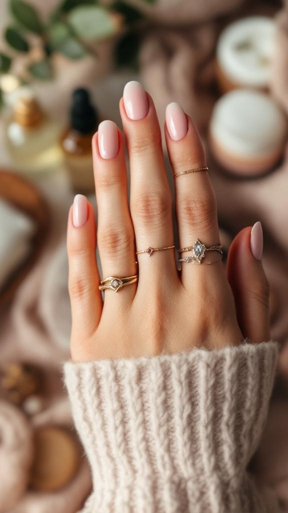 A hand with pink nails and rings, showcasing nail care and beauty.