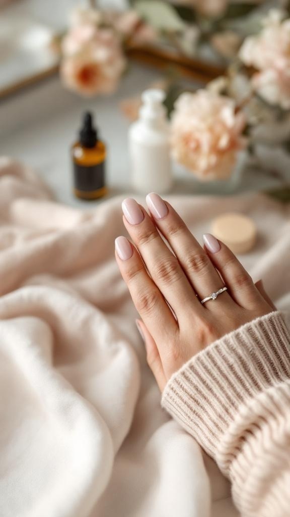 A close-up of a well-manicured hand with nude nails, surrounded by beauty products and flowers.