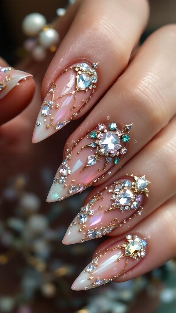 Close-up of manicured nails with embellishments and rings