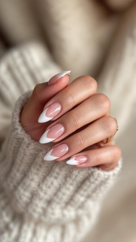 Close-up of elegantly manicured almond-shaped nails with a nude base and white tips, showcasing a cat eye effect.