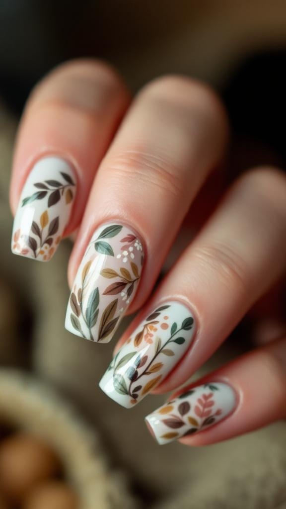 Nails with nature-inspired leaf designs on a neutral background
