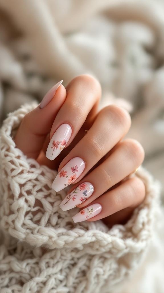 Close-up of nature-inspired fairy nail art with floral designs on soft pink nails, set against a cozy knitted background.