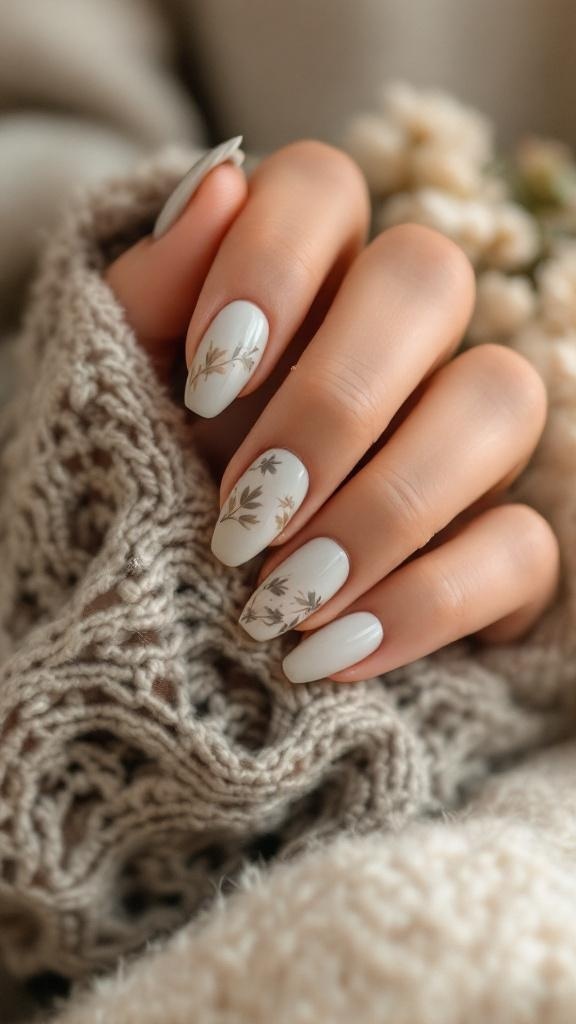 A hand with nature-inspired leaf designs on nails, featuring soft colors and delicate patterns.