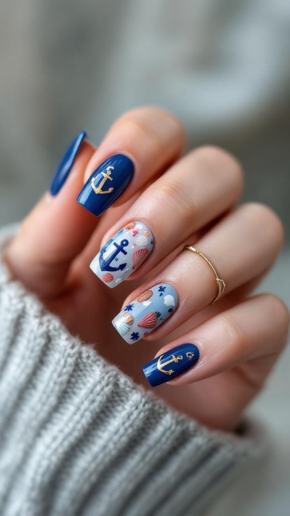 Nautical-inspired blue acrylic nails with anchors and seashell designs.