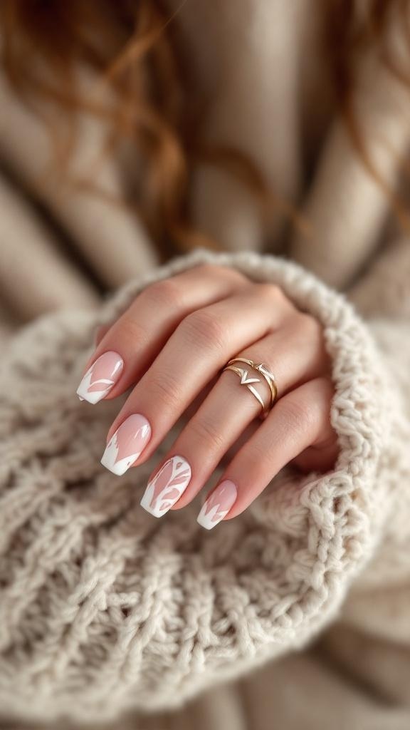 A close-up of short nails with a pink base and white negative space designs, complemented by a gold ring.