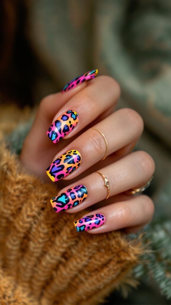 Colorful neon animal print nail designs with leopard spots