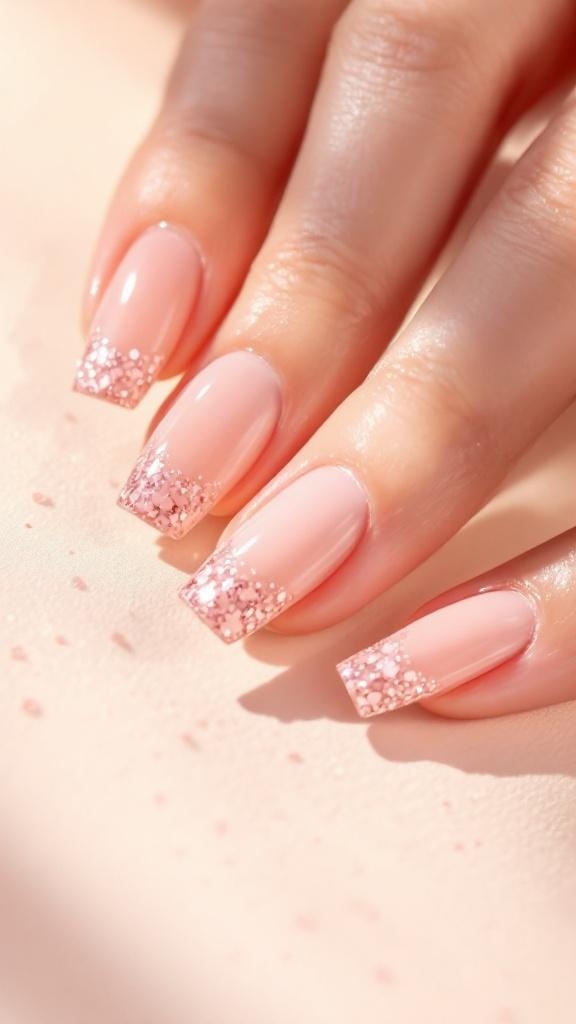 Nude nails with pink glitter tips and rings on fingers