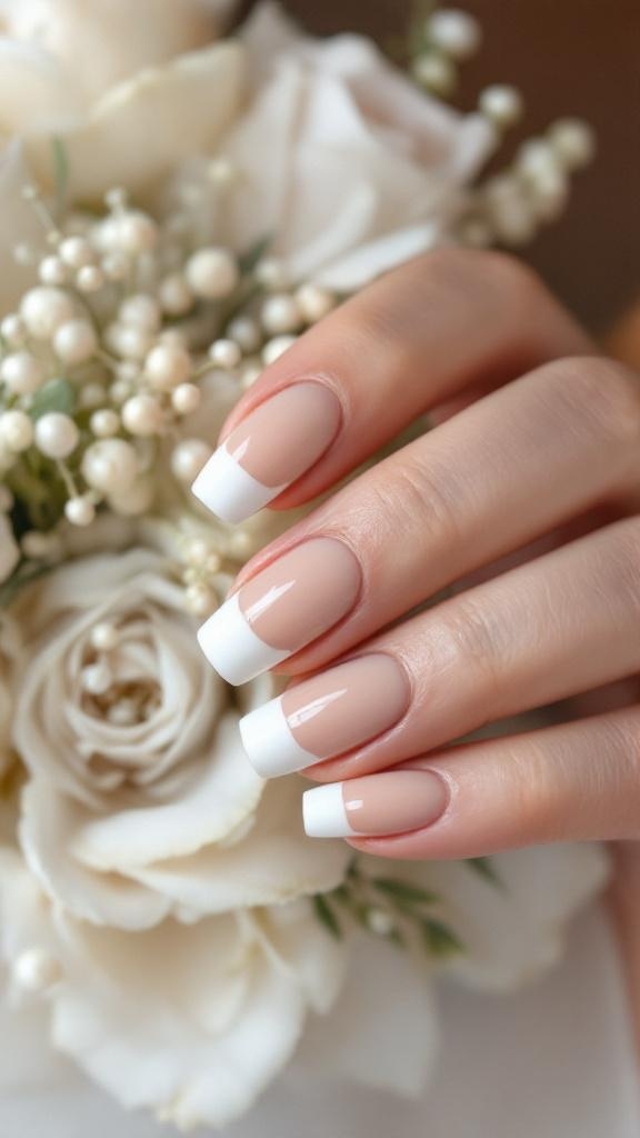 Nude base with white tips bridal nails