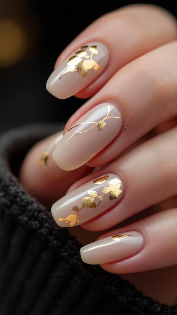 Nude nails with gold foil accents, perfect for a bridal shower.