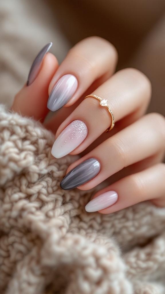 A hand with ombre bling nails featuring a gradient of pink and gray colors, with one nail adorned with glitter.