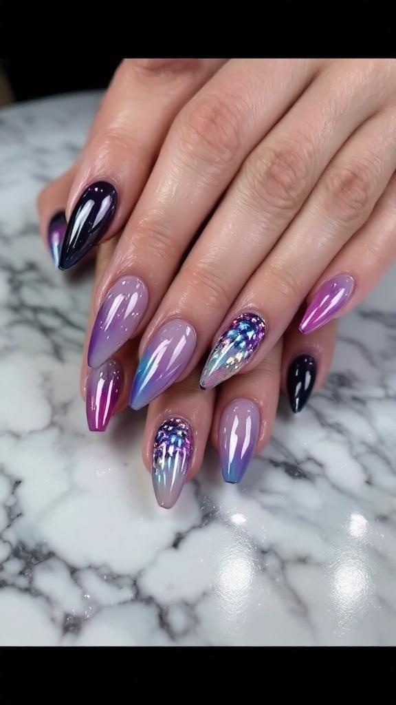 A hand with ombre chrome nails, featuring a pink gradient and a delicate ring.